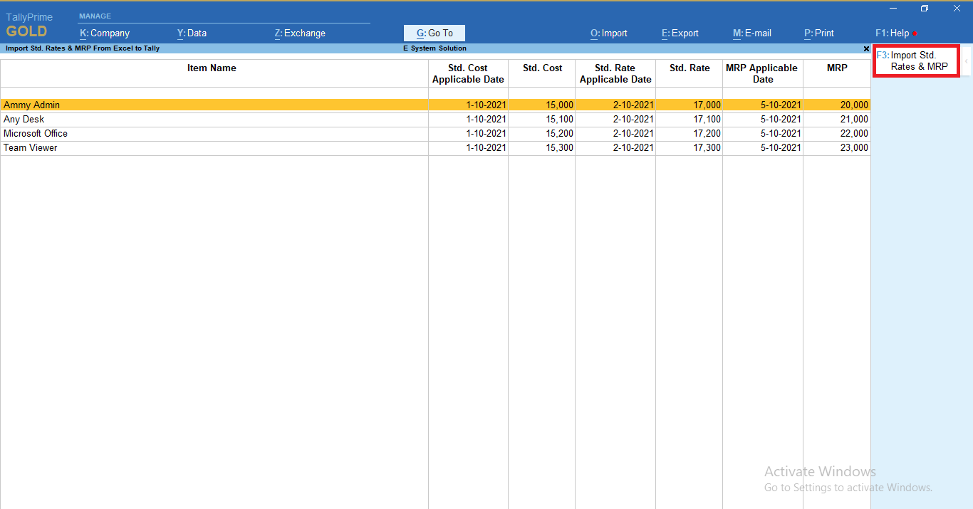 Import Item Standard Rates &  MRP from Excel to Tally
