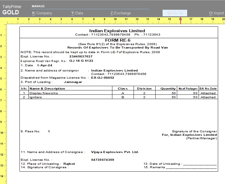 Print Form RE6 (Register of account of explosives transported by road van)